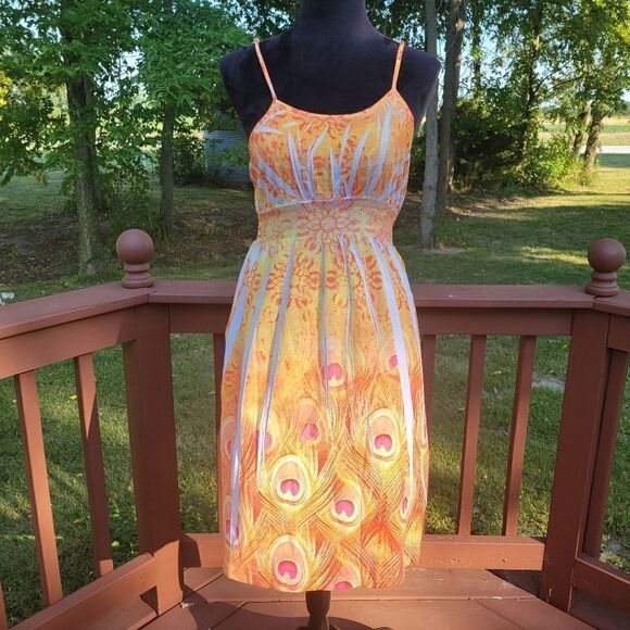 Style Works  Orange White Floral Feather  Spaghetti Strap Summer Dress Size M - Picture 1 of 14